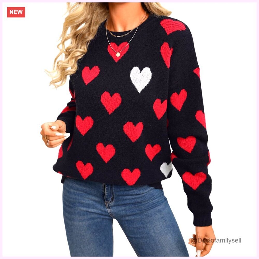 Chunky Knit Pullover Sweater Heart Pattern Loose Fit Crew Neck Y2K Chic
